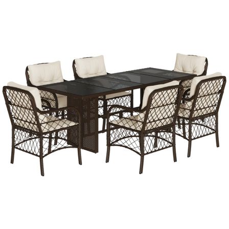 Ensemble à manger de jardin et coussins 7 pcs marron rotin
