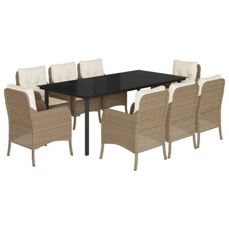 Ensemble à manger de jardin et coussins 9 pcs beige Poly rotin