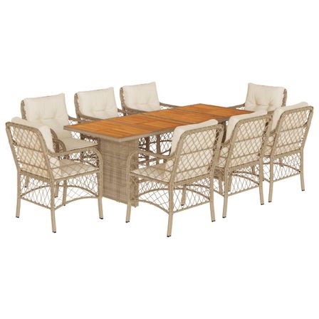 Ensemble à manger de jardin et coussins 9 pcs beige Poly rotin