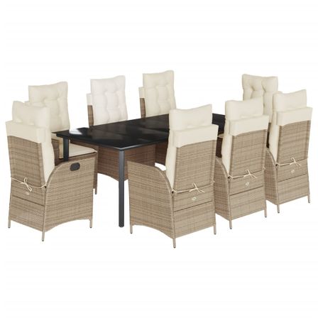 Ensemble à manger de jardin et coussins 9 pcs beige Poly rotin
