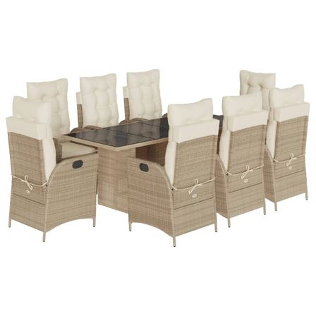 Ensemble à manger de jardin et coussins 9 pcs beige Poly rotin