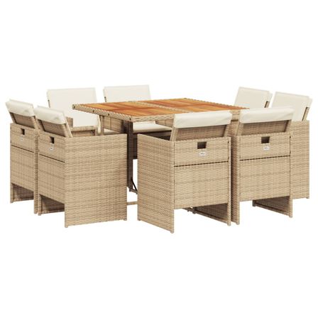 Ensemble à manger de jardin et coussins 9 pcs beige Poly rotin