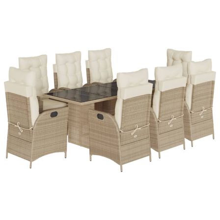 Ensemble à manger de jardin et coussins 9 pcs beige Poly rotin