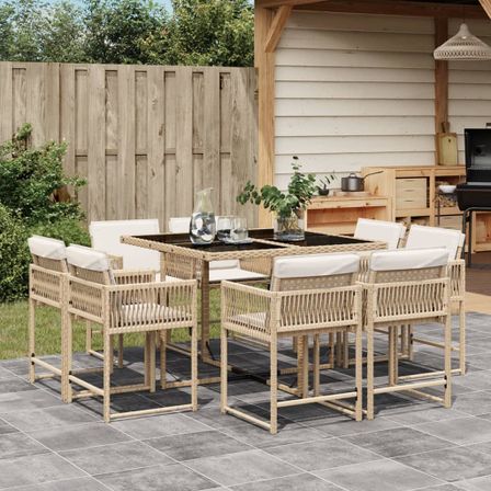 Ensemble à manger de jardin et coussins 9 pcs beige Poly rotin