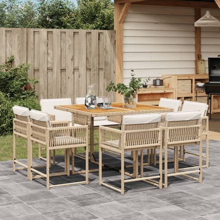 Ensemble à manger de jardin et coussins 9 pcs beige Poly rotin
