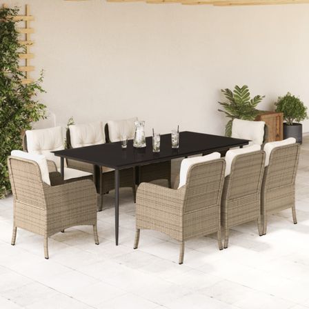 Ensemble à manger de jardin et coussins 9 pcs beige Poly rotin