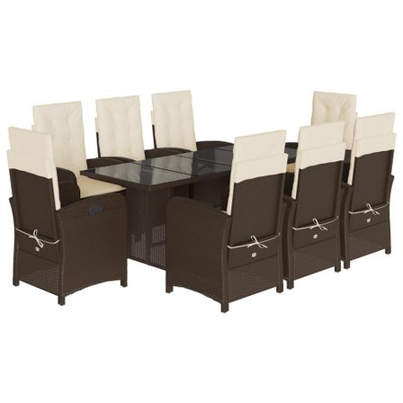 Ensemble à manger de jardin et coussins 9 pcs marron poly rotin