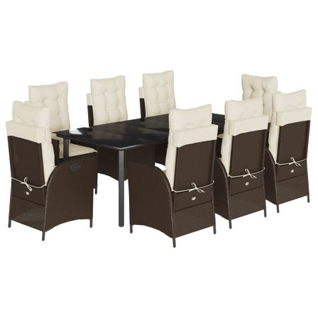 Ensemble à manger de jardin et coussins 9 pcs marron poly rotin