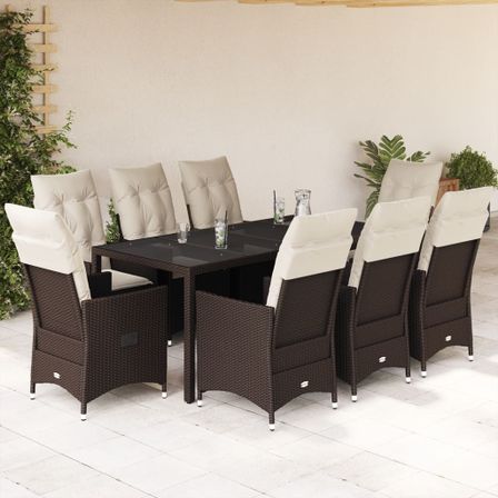 Ensemble à manger de jardin et coussins 9 pcs marron poly rotin