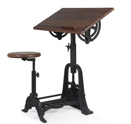Ensemble bureau et tabouret industriel KUBA – Bois de manguier & fer noir – Hauteur réglable