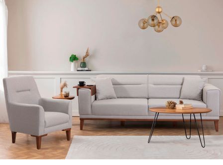 Ensemble canapé 3 places convertible et 1 fauteuil tissu beige clair Brika