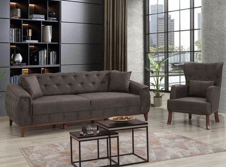 Ensemble canapé 3 places et fauteuil capitonné tissu anthracite Angela