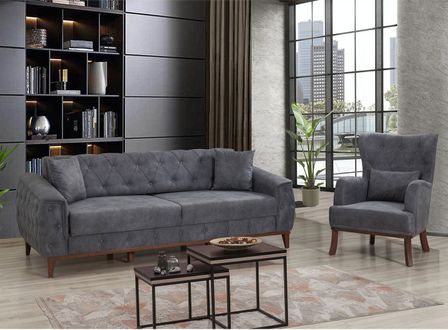 Ensemble canapé 3 places et fauteuil capitonné tissu bleu Angela