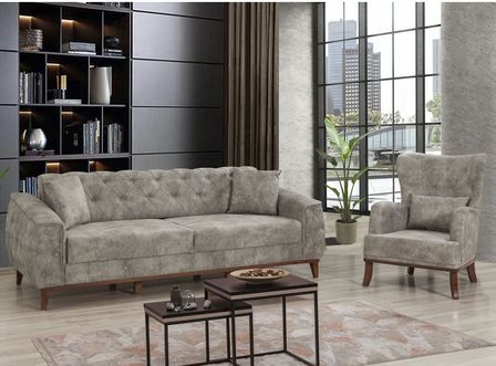 Ensemble canapé 3 places et fauteuil capitonné tissu gris Angela