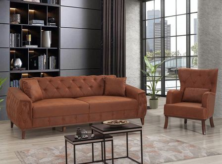 Ensemble canapé 3 places et fauteuil capitonné tissu marron Angela