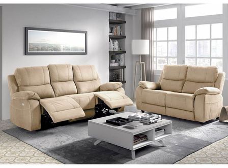 Ensemble canapé de relaxation électrique 3 places et 2 places fixe microfibre beige Brasko
