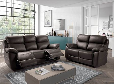 Ensemble canapé relax électrique 3 places et 2 places fixe cuir chocolat Valiza