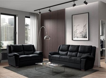 Ensemble canapés fixe 2 et 3 places cuir noir Maliza