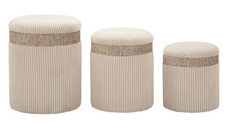 Ensemble de 3 rideaux de rangement couleur crème avec pouf - dimensions : ø 40,5 x 49,5 cm - 35 x 42 cm - 31 x 38 cm