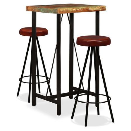 Ensemble de bar 3 pcs Bois massif recyclé et cuir véritable