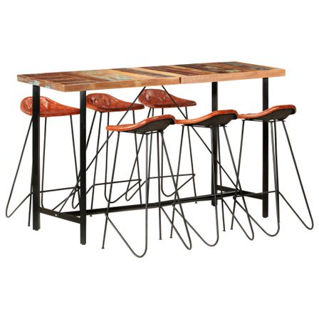 Ensemble de bar 7 pcs Bois de récupération et cuir véritable 2