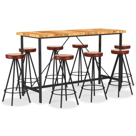 Ensemble de bar 9 pcs Bois d'acacia solide et cuir véritable