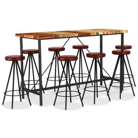 Ensemble de bar 9 pcs Bois de récupération et cuir véritable