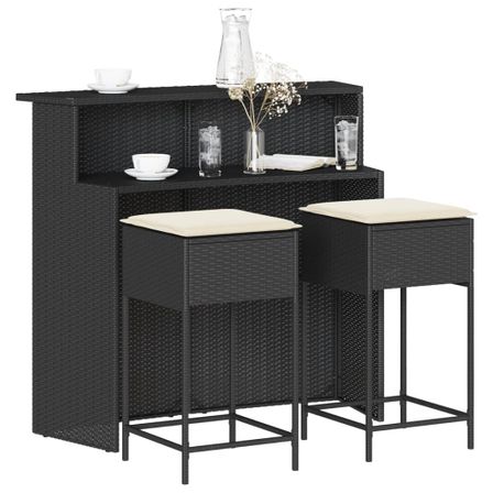 Ensemble de bar de jardin 3 pcs avec coussins noir poly rotin