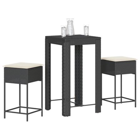 Ensemble de bar de jardin 3 pcs avec coussins noir poly rotin