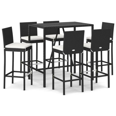 Ensemble de bar de jardin 7 pcs avec coussins noir poly rotin