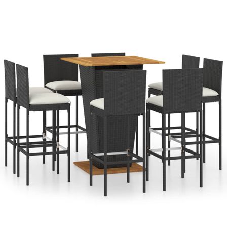 Ensemble de bar de jardin 9 pcs et coussins Résine tressée Noir 4