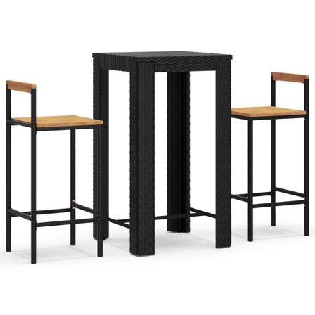 Ensemble de bar jardin 3 pcs noir poly rotin/bois massif acacia