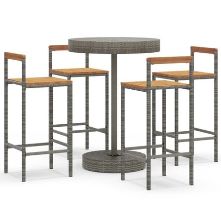 Ensemble de bar jardin 5 pcs gris poly rotin/bois massif acacia