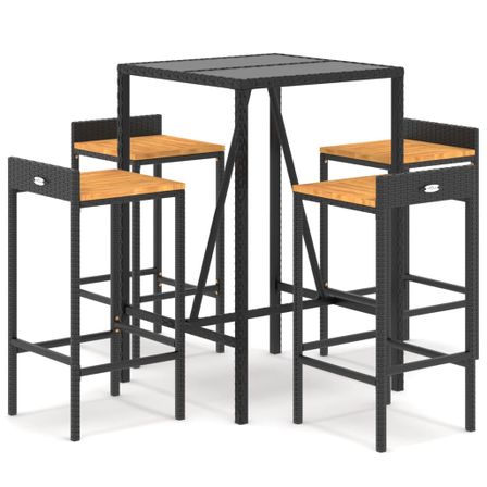 Ensemble de bar jardin 5 pcs noir poly rotin/bois massif acacia
