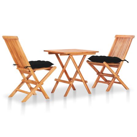 Ensemble de bistro 3 pcs avec coussins noir Bois de teck massif