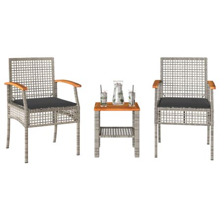 Ensemble de bistro 3 pcs et coussins gris résine tressée acacia