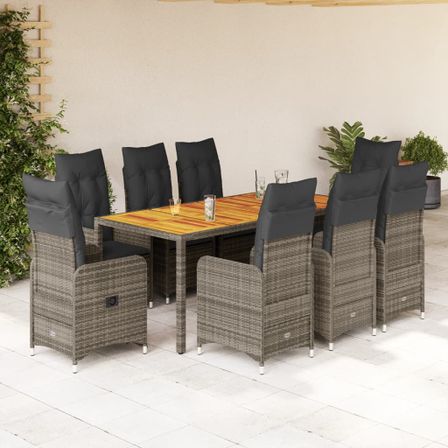 Ensemble de bistro de jardin 9 pcs coussins gris poly rotin