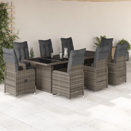 Ensemble de bistro de jardin 9 pcs coussins gris poly rotin
