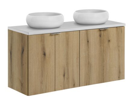 Ensemble de meuble salle de bain suspendu 4 portes NOVA OAK 120 cm avec 2 vasques blanches à poser WIKI