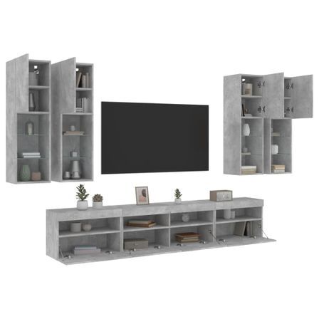 Ensemble de meubles TV muraux 7pcs et lumières LED gris béton