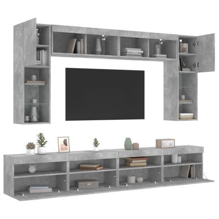 Ensemble de meubles TV muraux 8 pcs et lumières LED gris béton