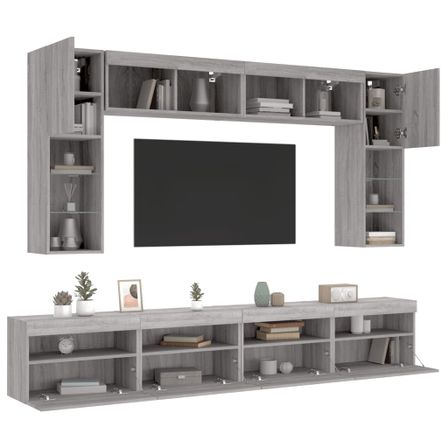 Ensemble de meubles TV muraux 8 pcs et lumières LED sonoma gris