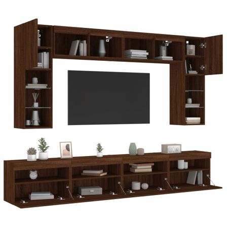 Ensemble de meubles TV muraux 8pcs et lumières LED chêne marron