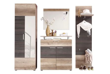 Ensemble meuble d'entrée 4 pièces mélaminé chêne clair et foncé Ylias