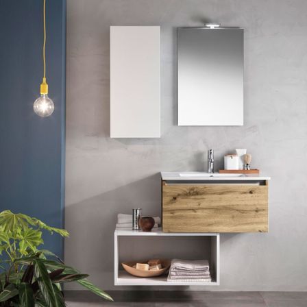 Ensemble meuble de salle de bain 1 étagère 1 armoire chêne clair et laqué blanc et miroir lumineux Teph L 70 cm