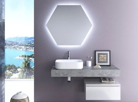 Ensemble meuble de salle de bain 1 tiroir effet béton et laqué blanc et miroir à LED Kyo L 120 cm