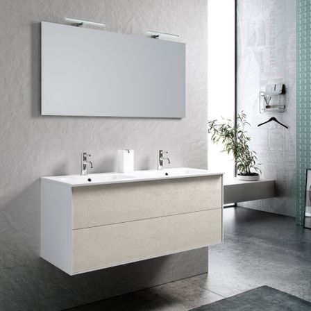Ensemble meuble de salle de bain 2 tiroirs bois blanc double vasque et miroir à LED Oga L 120 cm