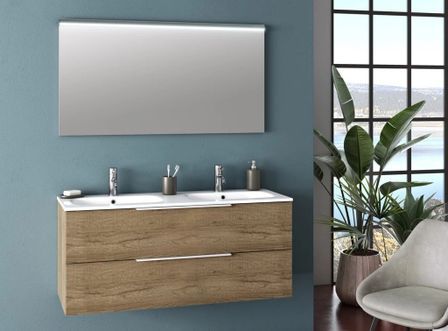 Ensemble meuble de salle de bain 2 tiroirs chêne clair double vasque et miroir lumineux Molam L 120 cm