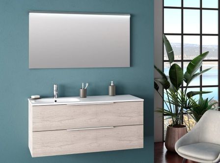 Ensemble meuble de salle de bain 2 tiroirs gris clair et miroir à LED Mola L 120 cm