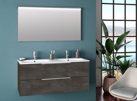 Ensemble meuble de salle de bain 2 tiroirs gris oxyde double vasque et miroir lumineux Molam L 120 cm